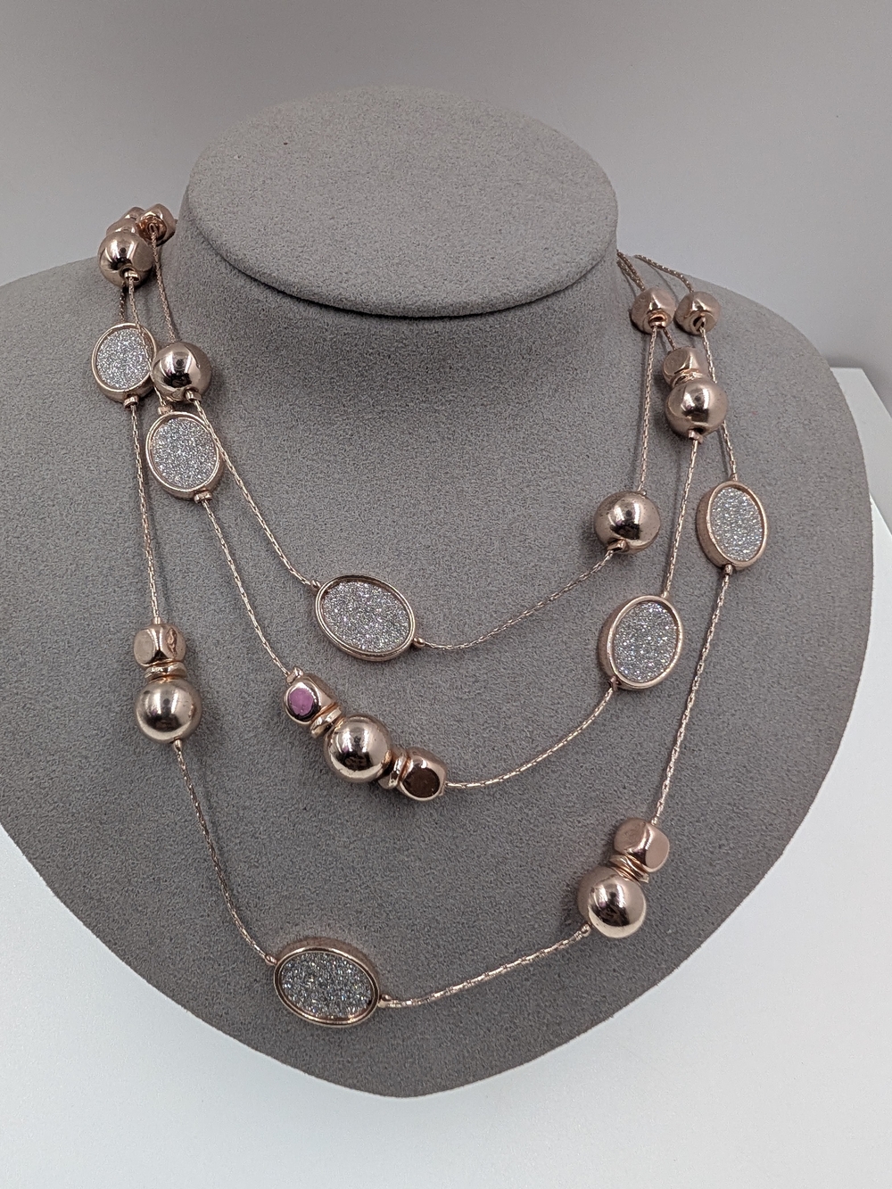 Ann Taylor Factory Rose Gold 3-Tier Layered Faux Druzy Station Necklace 0417